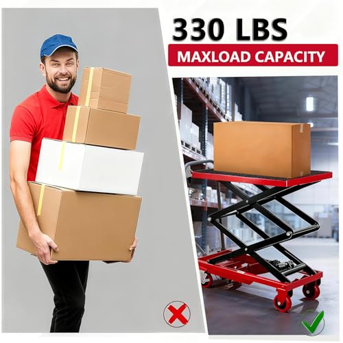 Image of GarveeTech Hydraulic Lift Table Cart, 330Lbs Load Capacity 50 Inch Lifting Height, Manual Double Scissor Lift Table with Non-Slip Pad and 4 Wheels,Hydraulic Scissor Cart (330lbs - Double - Red Black)