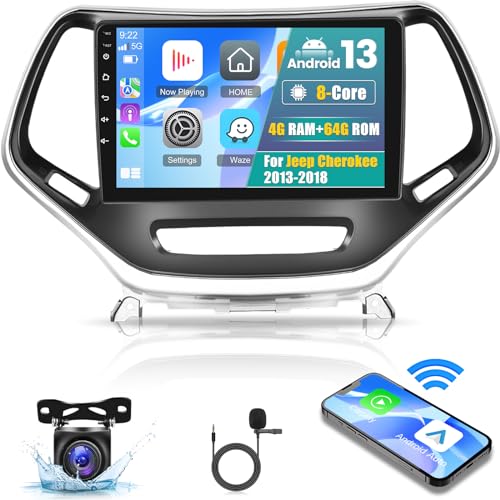 [4G+64G] 8 Core Car Radio for Jeep Cherokee 2013 2014 2015 2016 2017 2018 - Android 13 Touch Screen Cherokee Stereo, DSP 32 EQ/IPS/Carplay/Android Auto/SWC/BT/WiFi + AHD Backup Camera