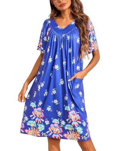 Image of Ekouaer Womens House Dress Floral Print Nightgown with Pockets Mumu Dress | V Neck Nightgowns for Women Pleated Short Sleeves Mumu Dresses Knee Length Moo Moo for Sleep, Daily Wear, Vacation, Party