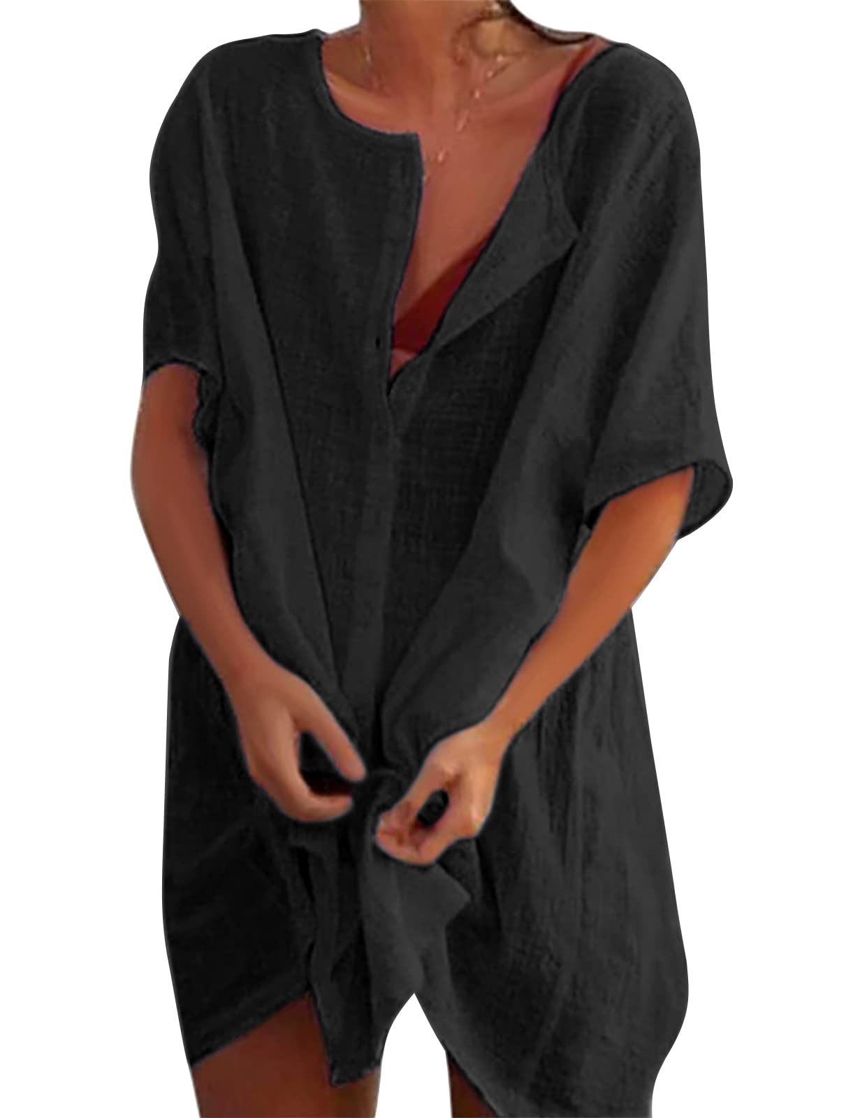 RITOSTA Camisas Mujer Largos Vestido Playa Verano Camisa Suelta de Bikini Cover Up Traje de Playa para Mujer Vestido de Playa Casual Blusa Camisolas Playeras Suelto Pareos Color Sólido