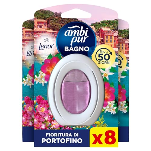 Ambi Pur Bagno Profumatore Per Ambienti, 8 Profumatori Bagno, Fragranza Fioritura di Portofino, Diffusore Ambiente Con Tecnologia Elimina Odori, Durata Fino a 50 Giorni Per Profumatore