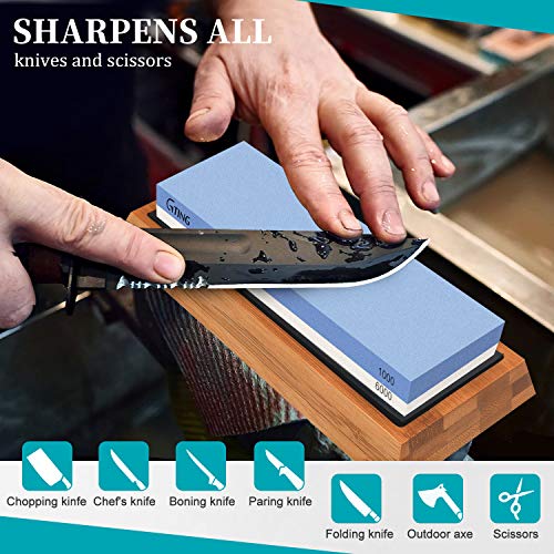 Whetstone Knife Sharpening Stone Set,G-TING 1000/6000 Grit Whetstone Sharpener Includes Non-Slip Angle Guide,Polishing Tool, Bamboo Base for Kitchen,Pocket Knives,Blades,Hunting