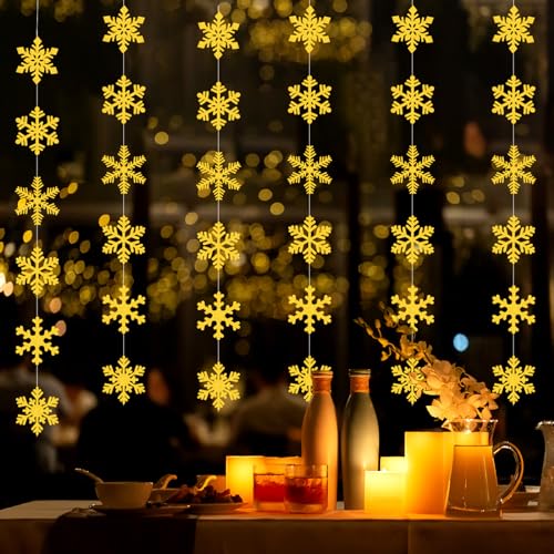 Image of Gold Snowflake-Snow Christmas Party-Decorations Garland - 6pcs Winter Girl Boy Birthday New Year Hanging Decoration Streamers Banner, Wonderland Party Supplies Decor Panduola