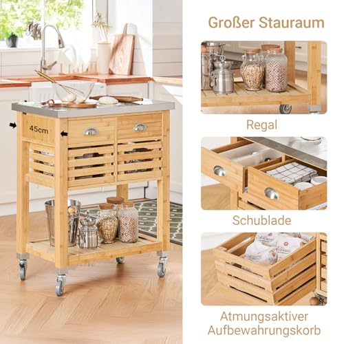 Foto von SoBuy Servierwagen mit Rollen Küchenwagen mit Arbeitsplatte und 2 Körben Küchenregal Kücheninsel Freistehend Rollwagen Teewagen Küche mit Beistelltisch Holz für Küche, Wohnzimmer, Outdoor FKW40-N