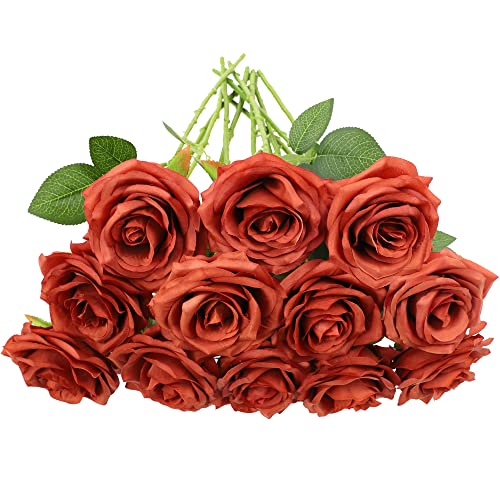 NEVISI 12 rosas artificiales de color naranja quemado, rosas falsas de seda de aspecto real con tallos para manualidades, ramos de boda, mesas, centros de mesa, arreglos florales, decoración de