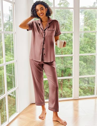 Image of Ekouaer 2 Piece Satin Short Sleeve Pajamas Set Button Down Sleepwear | Soft Pjs Set Classic Loungewear for Wedding, Party, Home, Daily Wear, Date Nights