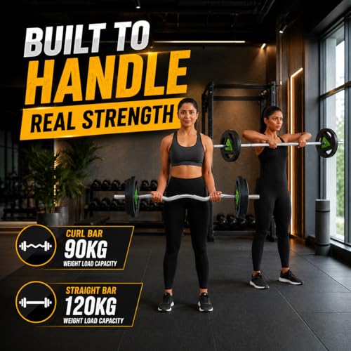 Image of LEEWAY Gym Barbell Rod 5ft Straight & 3Ft Curl Bar | Combo (5FT + 3FT)| 28mm Gym Weight Plates Barbell for Home Workout | Weight Lifting Biceps Rod for Exercise at Home| Compatible 1-Inch Plates Road
