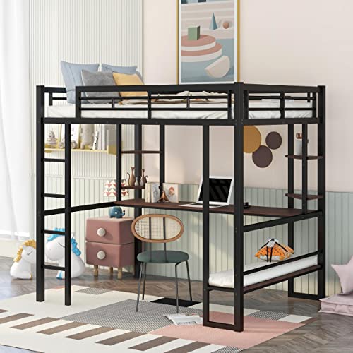 Buy Metal Loft Beds Full Size, Full Loft Bed with Long Desk and Shelves