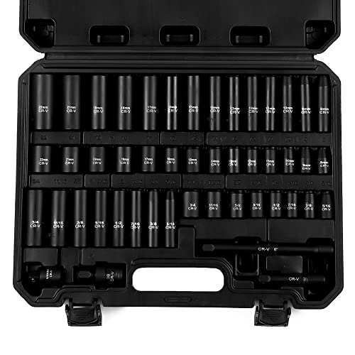 Image of Reniteco 48-Piece 3 /8 inch Drive Socket Set, SAE (5 /16 inch-3 /4 inch) & Metric (8mm-22mm), Deep & Shallow Sockets, Extension Bars, 1 /2 inch F to 3 /8 inch M Reducer, Universal Joint, 6 Point Design