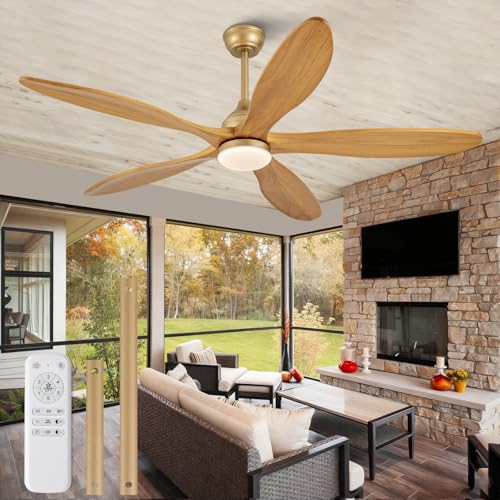 Image of Dimmable 60 Inch Large Outdoor Ceiling Fan with Light and Remote, Wood Big Ceiling Fans with Lights and Remote Gold 5 Blade Outdoor Ceiling Fans for Patios Bedroom Living Room, 6 Speed DC Motor
