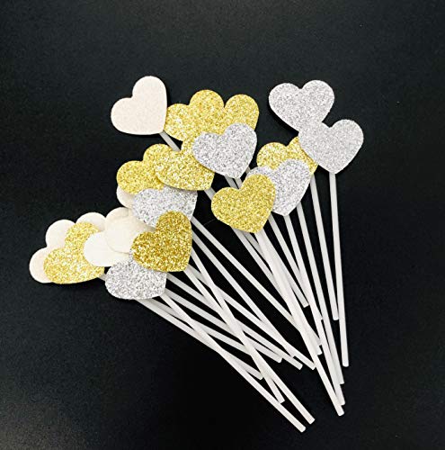 Ailexi Fatto A Mano 20 Conteggi 3 Colori Glitter Torta Toppers Decorazione Per Torta Cuptorta E Gelato - Cuoricini Oro/Argento/Bianchi