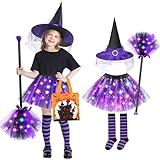 Jeowoqao Girls Halloween Dress up，Light up Witch Costume for Girls, Witch Skirt Broom Hat Treat Bag for Toddler Aged 3 4 5 6