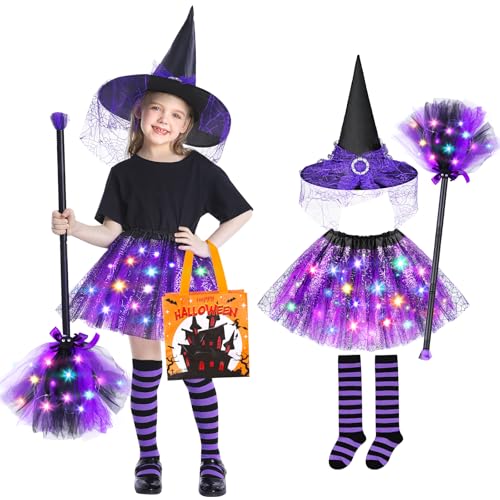 Jeowoqao Girls Halloween Dress upLight up Witch Costume for Girls Witch Skirt Broom Hat Treat Bag for Toddler Aged 3 4 5 6