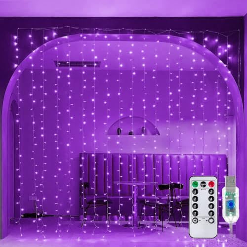Image of MIRADH 300 LED Fairy Curtain String Lights - USB Powered Remote-Controlled Backdrop, Warm Ambience for Diwali, Navratri, Christmas & New Year Decor, (Purple)