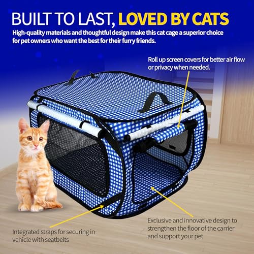 Image of Pet Fit For Life Extra Large Cat Carrier for Travel - Foldable & Portable Collapsible Kennel with Litter Box, Feather Toy & Water /Food Bowl - Ideal for Cars, Long Trips & Indoor Cats - Blue Checkers