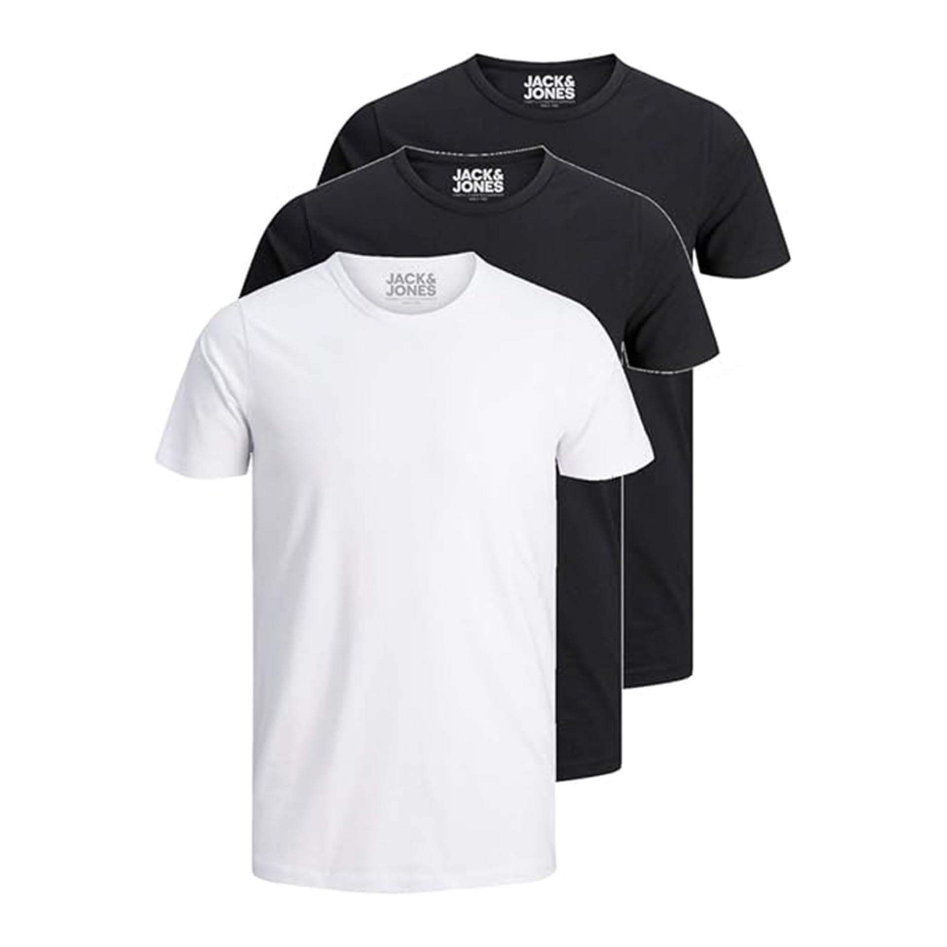 JACK & JONES Confezione da 3 magliette da uomo Basic con scollo rotondo, tinta unita, slim fit, in bianco, nero, blu, grigio, 12167630