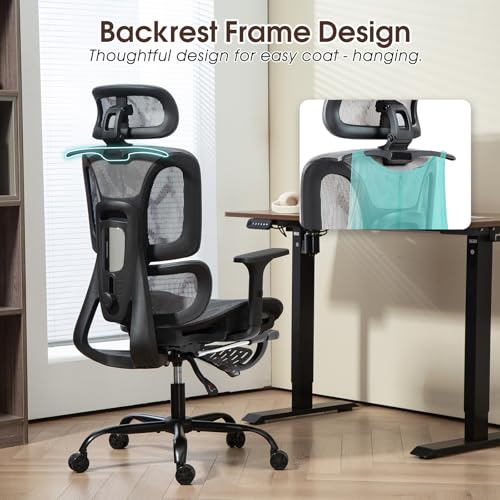 Image of ECOTOUGE Mesh Ergonomic Office Chair with Footrest, High Back Mesh Gaming Chair with Lumbar Support, Adjustable Headrest and Armrests for Home Office Desk Chair, Grey