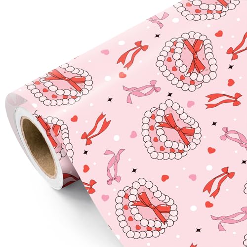 WRAPAHOLIC Valentines Day Wrapping Paper Roll - Mini Roll - 17 Inch x 16.5 Feet - Pearl Jewelry Box and Ribbon Bow Wrapping Paper for Valentine's Day, Wedding, Anniversary, Girl Women Birthday