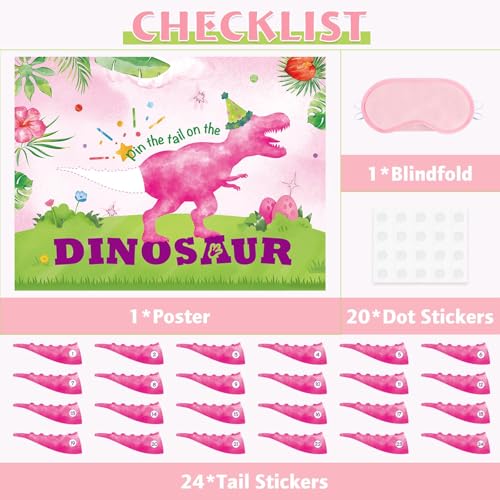 Image of WERNNSAI Pin The Tail on The Dinosaur - Girl Dinosaur Party Decorations Pink Dino Party Games for Birthday Celebration Supplies 21 inch x 28 inch Poster with 24 PCS Tails Stickers