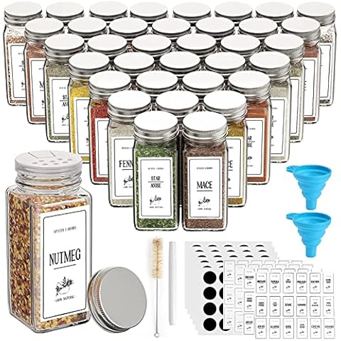 36 Pack Spice Jars with Lids 180 Labels, 4OZ Square Glass Spice Jars Spice Storage Spice Bottle Set 120ml Kitchen Spice Containers Jars with Shaker Lids 45pcs, 1 Pen, 1 Hose Brush, 2 Silicone Funnels Cover