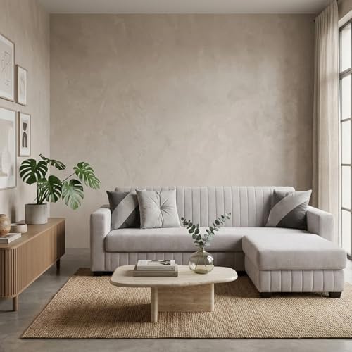 Image of SLEEPIFY Avren 3 Seater Velvet Fabric Sofa Set with 1 Ottoman (Light Grey) | Premium Soft Velvet | Plush Comfort Cushions | Modern Living Room Sofa