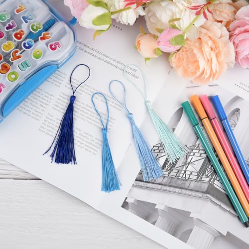 Image of 100 Pcs Bookmark Tassels Bulk Blue Series Soft Craft Silky Handmade Mini Tassels for Jewelry Making with Loops for DIY Craft Accessory Dress Decoration