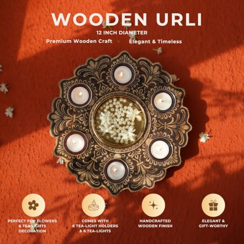 Image of BEHOMA Wooden Urli Bowl with 6 Tea Lights, Natural Wood, 12 inch | Natural wood mandala urli with 6 tea lights; ideal centerpiece for Diwali, rangoli & festive gifting.