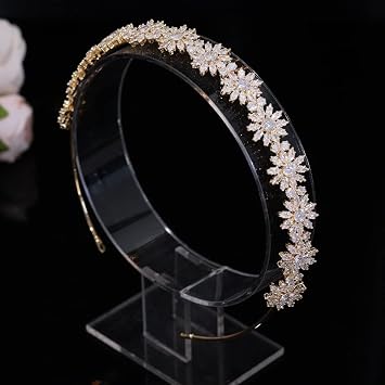 Double-row AAA Cubic Zirconia Wedding Headband for Women Princess CZ Headpiece Birthday Bridal Floral Headpiece Gold B