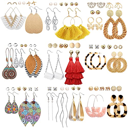 47 Pairs Fashion Earrings For Women Girls, Boho Statement Tassel Rattan Leather Earrings Butterfly Acrylic Hoop Stud Drop Dangle Earrings Set, Hypoallergenic For Sensitive Ears #TOP6