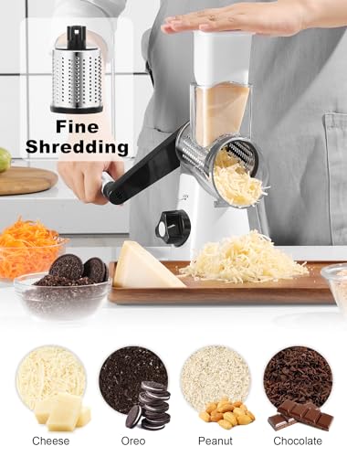 Image of Cheese Grater Rotary, Rotary Grater for Kitchen, Kitchen Grater Vegetable Slicer with 3 Drum Blades, Fast Cutting Cheese Shredder for Vegetables and Nuts