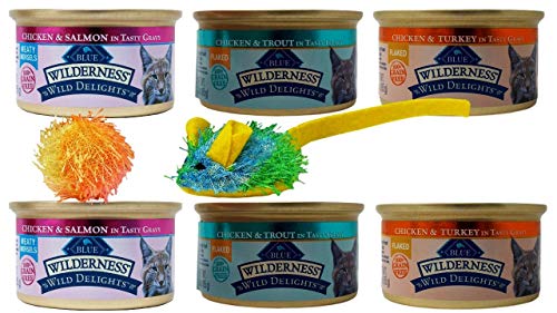 Blue Buffalo Wilderness Wild Delights Grain Free Natural Meaty Morsels Flaked Cat Food 3 Flavor 6 Can Sampler Plus 2 Toys Bundle, (2) Each: Chicken Salmon, Chicken Trout, Chicken Turkey (3 Ounces)