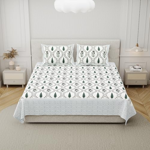 Image of DE CAMA Since 1997 | 100% Cotton 300 TC Premium Super King Size Bedsheet for Double Bed (108 x 108 Inch) with 2 Pillow Covers Set (17 x 27 Inch) Hand Block Printed Bedsheet Set - Floral Green
