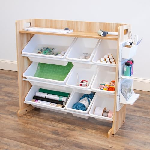 Image of Humble Crew Crafts and Toy Storage Organizer with Top Shelf and 9 Removable Bins, Natural/White Toddler Bookshelf with Organizer - Modern Rack Ideal for Kids' Rooms, Playrooms, and Nurseries