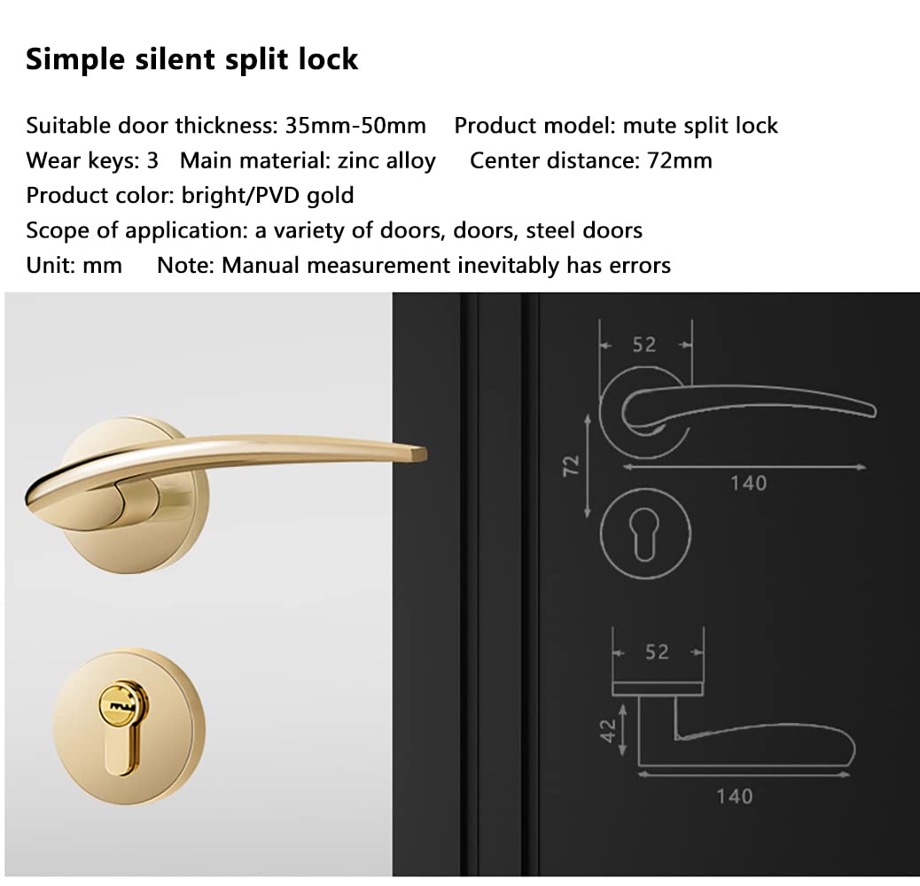 Gold Zinc Alloy Mute Split Door Handle Set, Reversible Lever for Interior Exterior Closet Hallway(A)