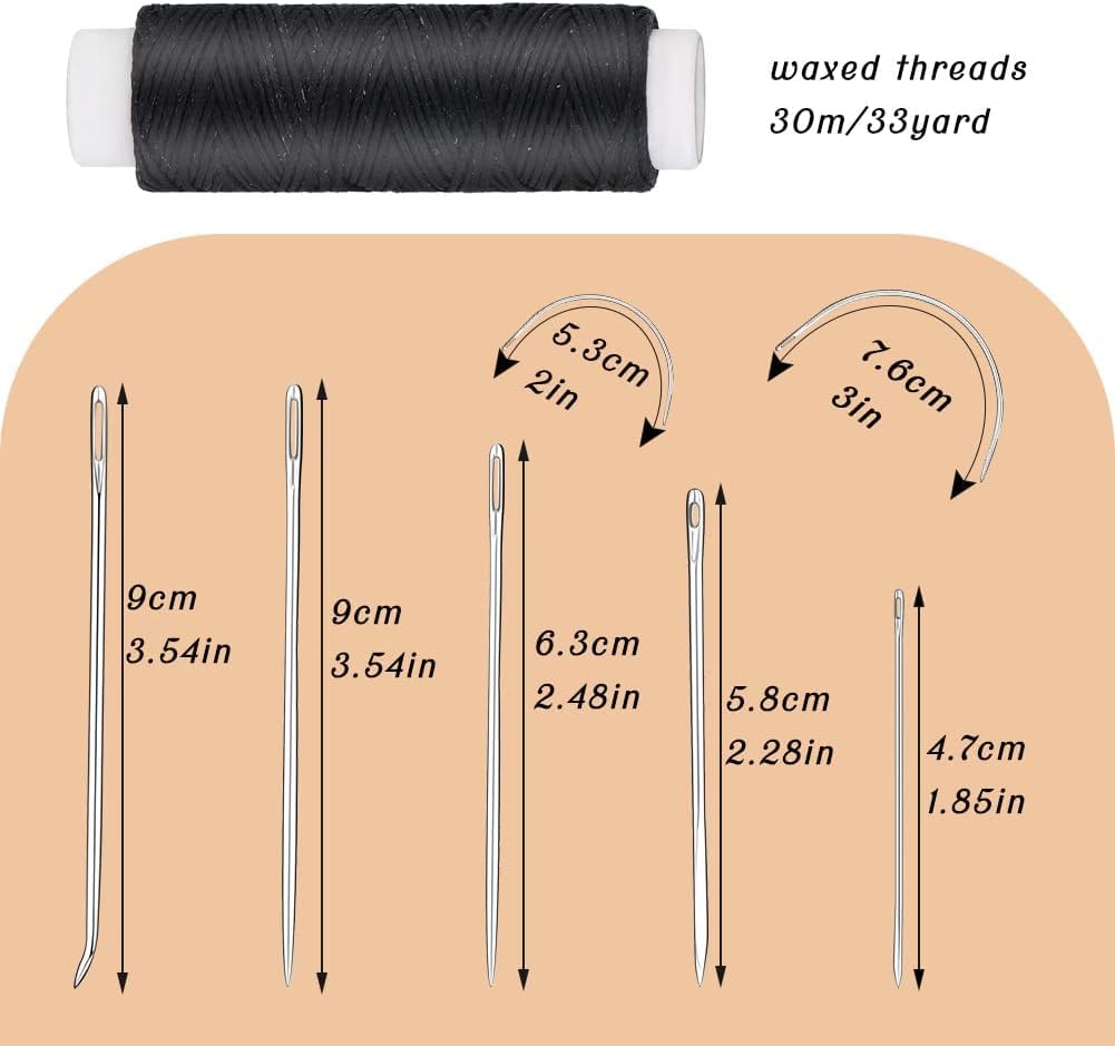 MAKINGTEC 32 Yards Waxed Thread with 7 pcs Leather Hand Sewing Needles, 150D Flat Sewing Waxed Thread and Leather Repair Needles, Leather Sewing Waxed Thread Cord Leather Craft DIY (Black)