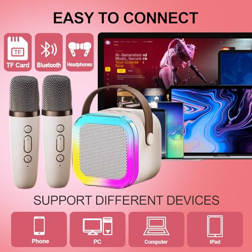 Image of Karaoke Machine for Kids, Kids Karaoke Machine Gifts for Girls and Boys Family Party, Kids Karaoke Machine for Girls with 2 Wireless Microphones, Mini Portable Bluetooth Speaker (Ivory)
