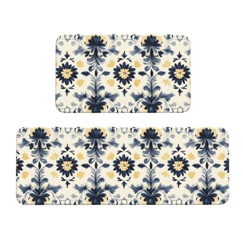 GVYGVY Antifatigue Kitchen Mats for Floor 2 Piece - Elegant Flowers A Print Kitchen Rugs Washable, Non Slip Runner Rug Standing Mat for Office/Bathroom/Laundry/Home Decor and Accessories
