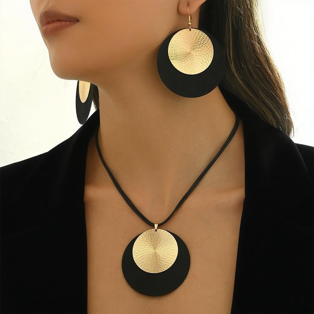 Black and Gold Disc Jewelry Sets for Women Boho Round Leather Cord Pendant Necklace Fashion Large Circle Medallion Dangle Hook Earrings Statement Necklaces - Image 2