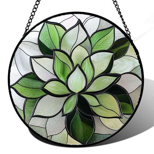 CRISGIF Stained Glass Window Hanging - Green Lotus Suncatcher for