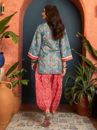 Image of EthnicJunction Women's Linen Floral Print Summer Wear Straight Short Kurti with Afghani Pant Set | Co Ord Set for Women Stylish | Fusion wear Women