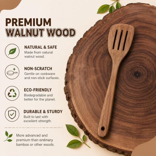 Image of 6 Pcs Walnut Wooden Kitchen Utensil Cooking Utensils Set with Food Tongs Flat Spatula Angled Spade Slotted Turner Sourdough Spatula Soup Spoon Heat Resistant for Nonstick Cooking Stirring Serving Home
