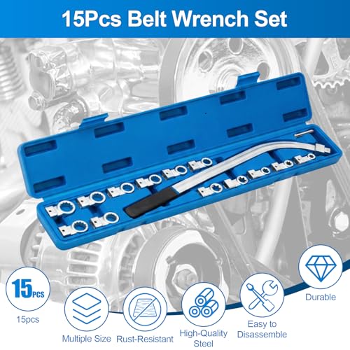Hocomay 15-teiliges Spannrollenschlüssel Set, mit 13 Aufsätzen, E-Profile & 12-kant, Vielzahn Zahnriemen Werkzeug