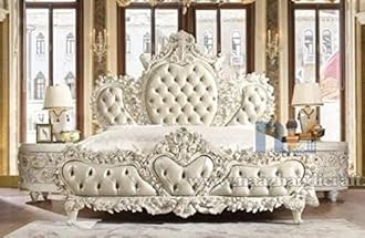 Queen Size Teak Wood Bed with 2 Matching Side Tables – Hand-Carved Design, Luxurious Upholstered Cushioning in White.