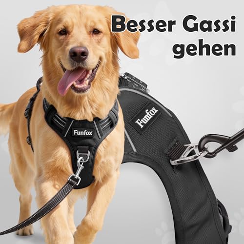 Funfox Hundegeschirr Mittelgroße Hunde, Anti Zug Brustgeschirr Verstellbares Geschirr Hund mit Griff Reflektorstreifen, No Pull Geschirr Hund für Kleine Mittlere Grosse Dog Harness Schwarz L