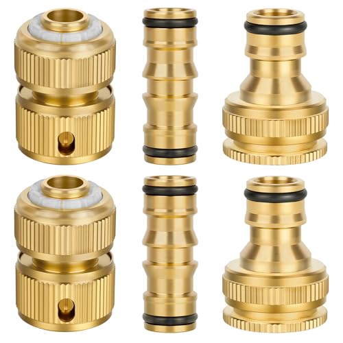NUTKIT Kit de Conector de Manguera de Jardín Que, 6PCS Accesorios de conexión de Manguera de latón, Incluye Conector Waterstop de 1/2, Acoplamiento Rápido de 1/2 y Accesorios Hembra de 1/2 - 3/4