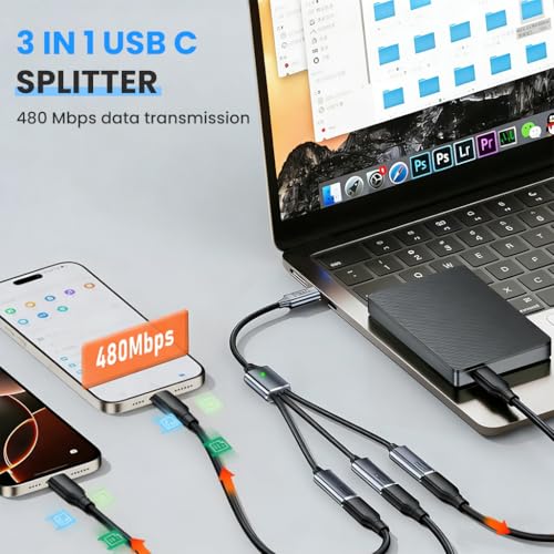 Image of Verilux 3 in 1 Type C Cable Fast Charging, Type C Male to 3 Female Nylon Braided Cable Support 480Mbps Data Transfer for iPhone 17 /16 /15 Series, Galaxy S25 /S24, Flash Drive, HUB, Tablets, MacBook