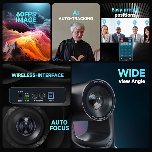 Image of TONGVEO AI Wireless PTZ Camera System with Auto Tracking Built-in Receiver & Bluetooth Speakerphone, 5.8GHz 1080P 60fps Conference Camera with 3X Optical Zoom, for Church Zoom, OBS Meetings
