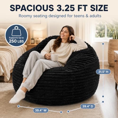 Image of Simple Deluxe 3.25 ft Faux Fur Memory Foam Bean Bag Chair, Large Comfy Lazy Chair for Adult with Washable Cover, Perfect for Reading Gaming in Living Room Bedroom, Black
