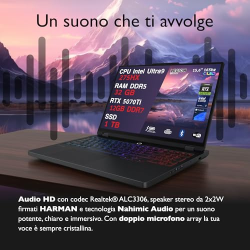 Legion Pro 5 Pc Gaming Portatile ULTRA 9 275HX 20 Core, 32 GB RAM DDR5, GeForce RTX 5070Ti 12GB, SSD 1TB,Notebook Gaming Oled Display 16" 165Hz,Laptop Gaming Tastiera RGB, WiFi 7, Thunderbolt 4 - Notebook - Immagine 2