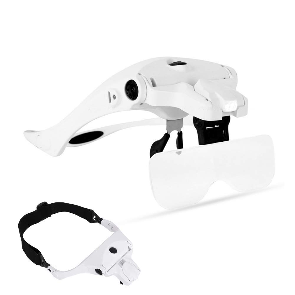 Visiera con Fascia per Mani libere con Lente d'Ingrandimento - Zoom da 1X a 3,5X con 5 Lenti Rimovibili Lenti d'Ingrandimento Illuminate a LED montate sulla TES